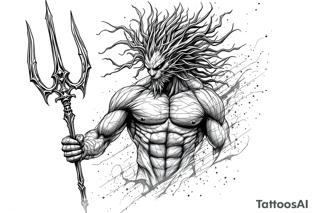 poseidon upper body with trident tattoo idea