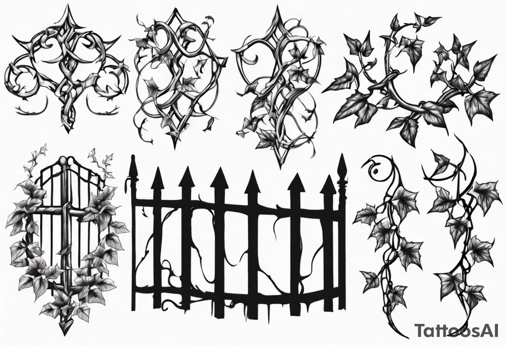 metal fence link with pointy ivy tattoo idea