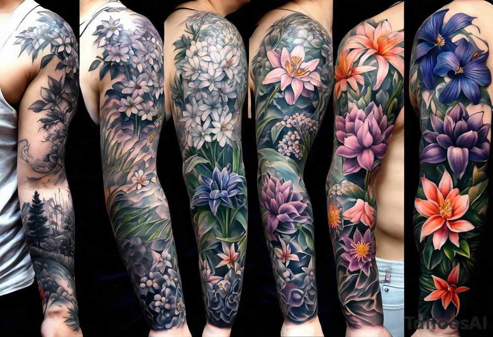 Full sleeve with larkspur and water Lilly, chrysanthemum and peony, Iris and violet, hawthorn and lily of the valley. Add a juniper tree and palm tree tattoo idea
