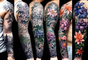 Full sleeve with larkspur and water Lilly, chrysanthemum and peony, Iris and violet, hawthorn and lily of the valley. Add a juniper tree and palm tree tattoo idea