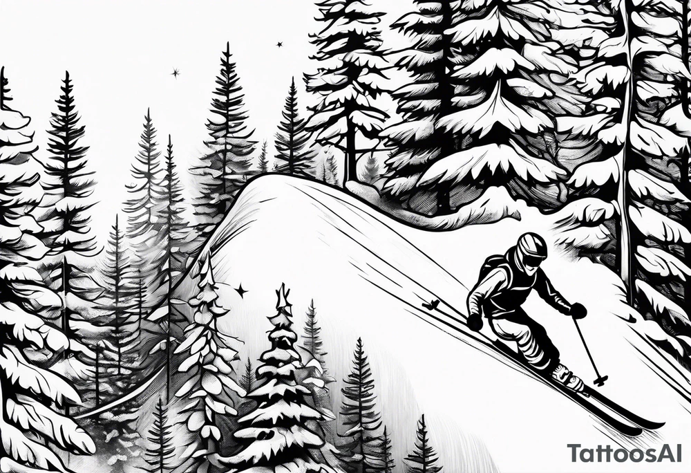 minimalist tattoo of a snow skier sking through trees showing ski trail tattoo idea