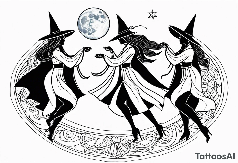 Blackwork tattoo about three witches dancing to the moon tattoo idea