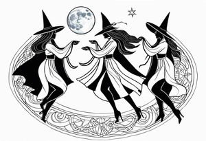 Blackwork tattoo about three witches dancing to the moon tattoo idea