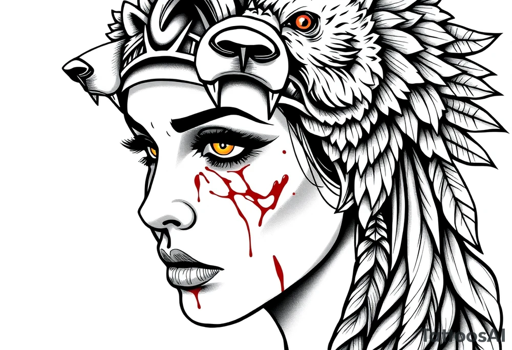 Beautiful Womans with colored eyes, shedding a tear, with battle scars and blood on face, wearing a mean looking bear headdress on head tattoo idea