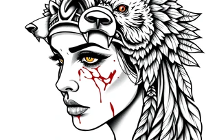 Beautiful Womans with colored eyes, shedding a tear, with battle scars and blood on face, wearing a mean looking bear headdress on head tattoo idea