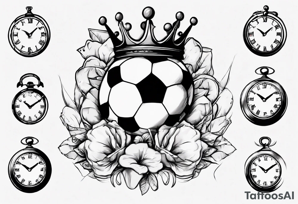 Ballon de foot avec un couronne,  une horloge avec le chiffre 23 au milieu tattoo idea