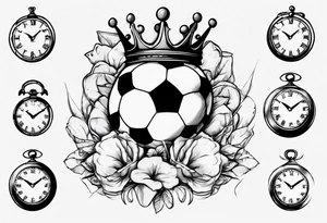 Ballon de foot avec un couronne,  une horloge avec le chiffre 23 au milieu tattoo idea