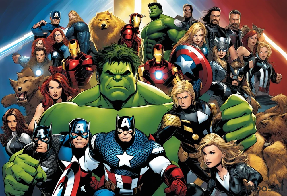 I want to change Avengers Team characters with animals. Hulk will be represented by a Badger.
Thor will be depicted as an Alpha Grey Wolf.
Captain America will be symbolized by a Bull.
Iron Man's character will be embodied by a Canary.
Black Widow's role will be portrayed by an Axolotl.
Hawkeye will be depicted as a Sudan Plated Lizard.
Nick Fury will be represented by a Cat. tattoo idea