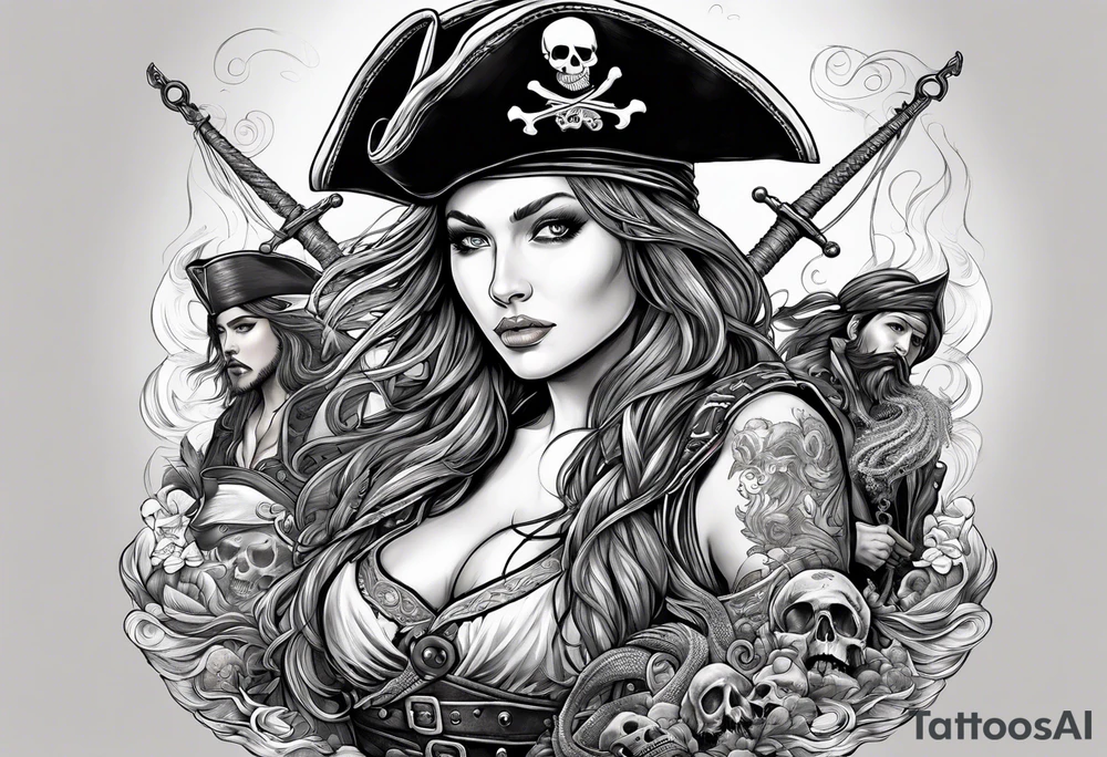 sexy female pirates with a group of skull pirates and a sea monster tattoo idea