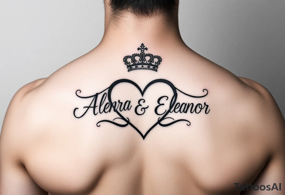 the name Alejandra and Eleanor in a heart with crown tattoo idea