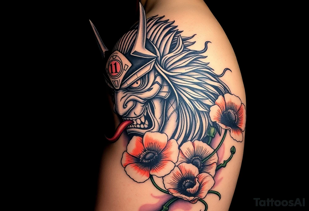 Ronin with smoke coming out of its mouth with 11b tattooed under its left eye with 1 poppy on each side of the ronin tattoo idea