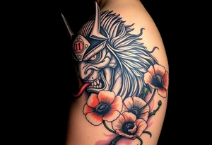 Ronin with smoke coming out of its mouth with 11b tattooed under its left eye with 1 poppy on each side of the ronin tattoo idea