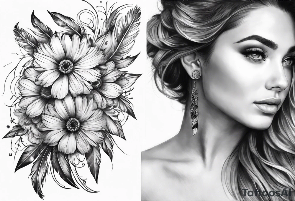 Feather flowers tattoo idea
