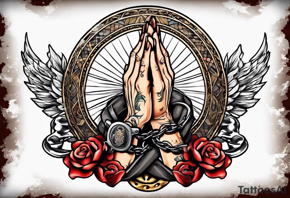 Praying hands with hand cuffs tattoo idea