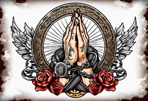 Praying hands with hand cuffs tattoo idea