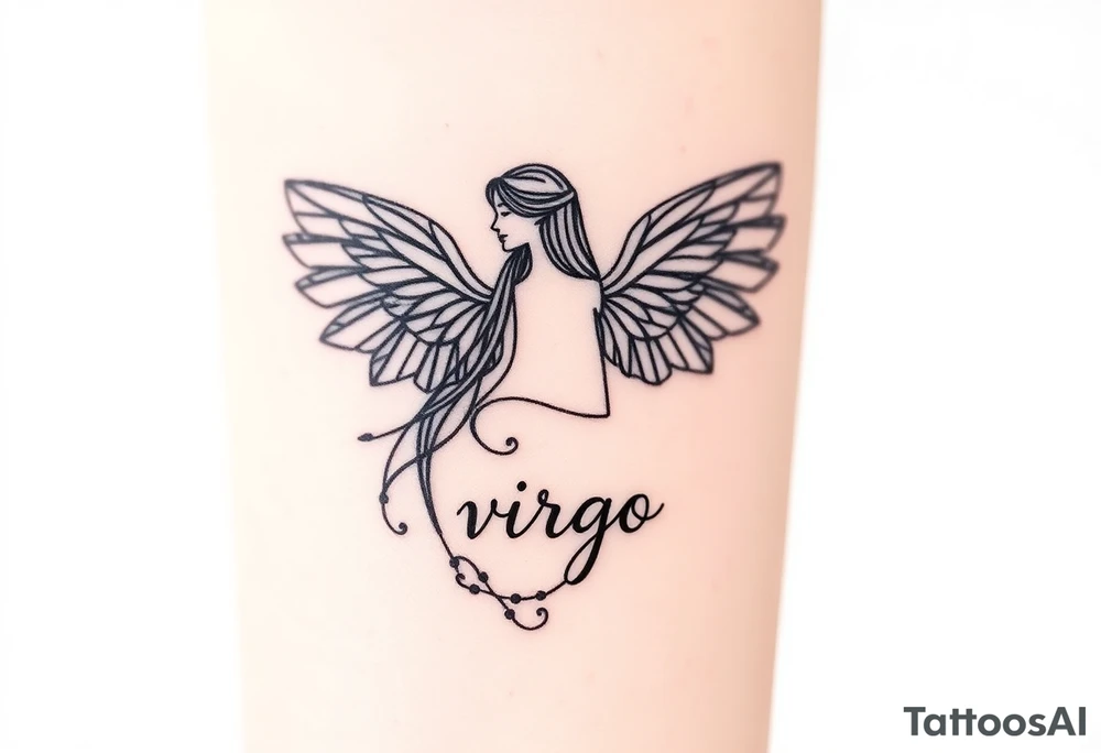 A divine woman with  wings made of delicate lace and vines, symbolizing Virgo’s purity and the word virgo tattoo idea