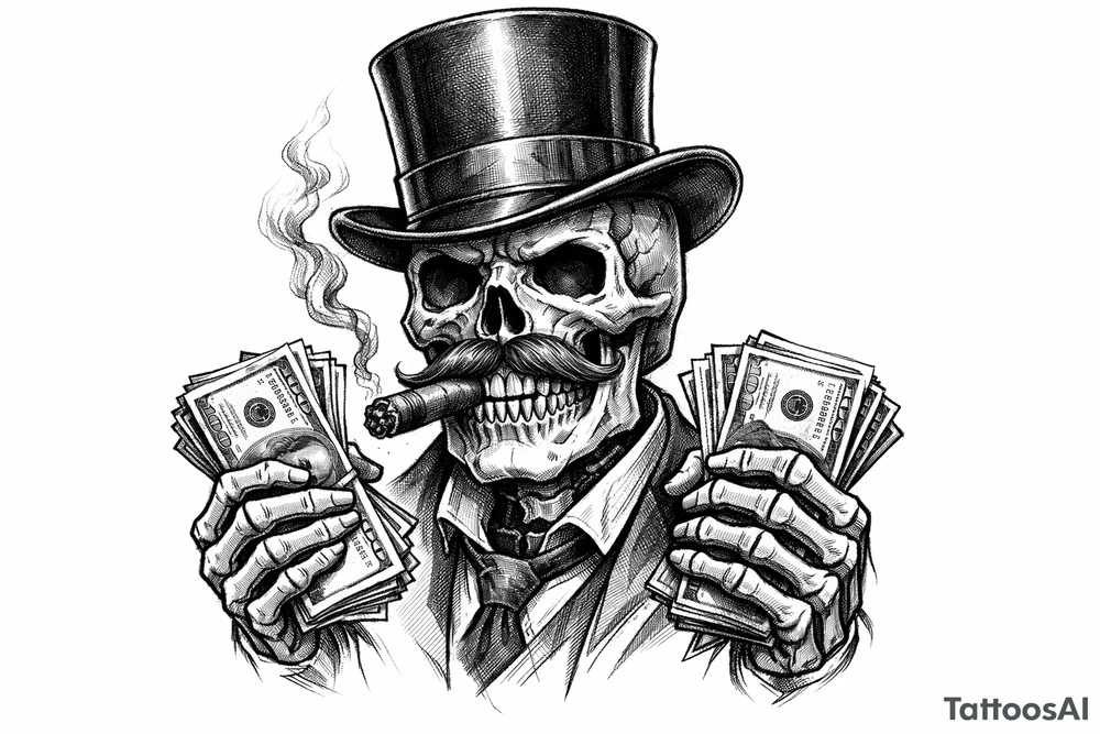 skull with mustache,top-hat,cigar in his mouth,money in both hands. tattoo idea