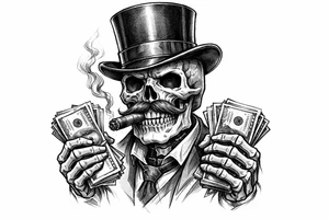 skull with mustache,top-hat,cigar in his mouth,money in both hands. tattoo idea