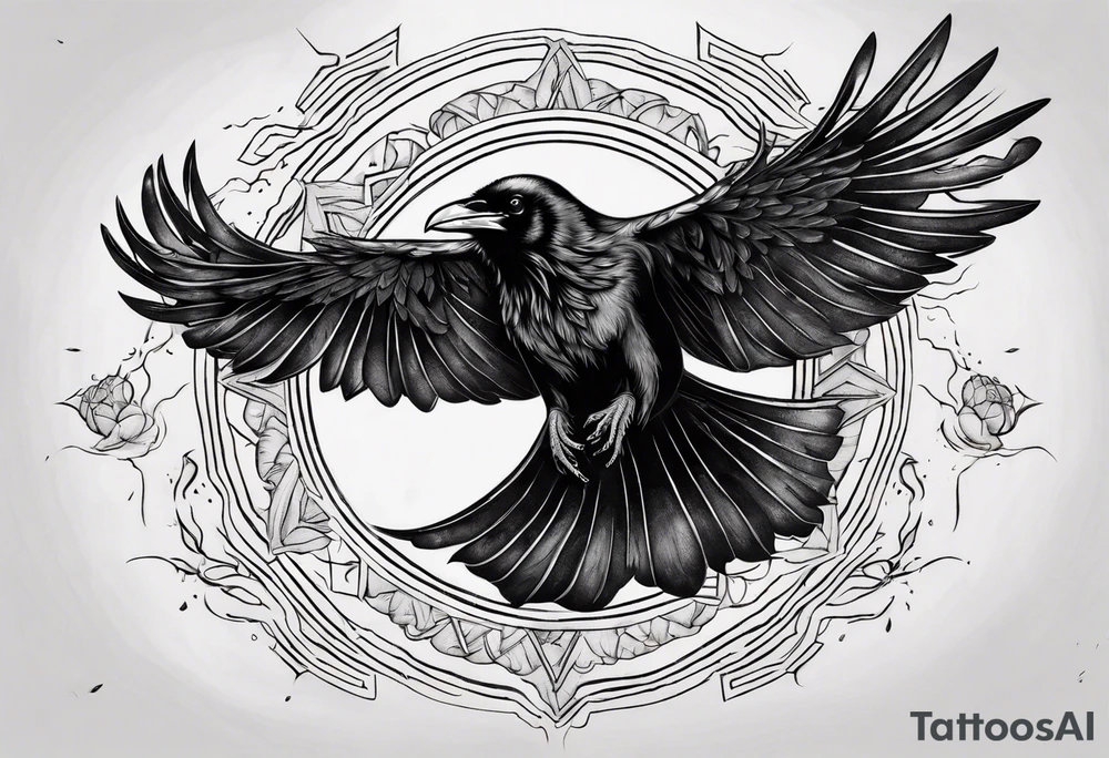 Cunning Raven flying towards Sun. tattoo idea