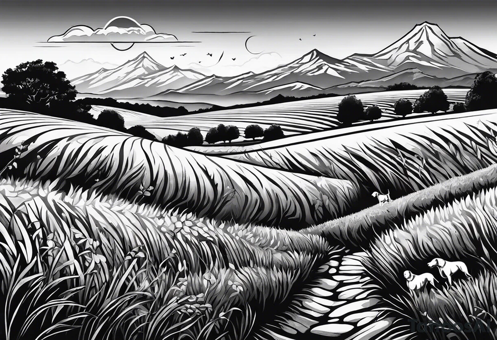 full arm sleeve. Rolling fields and Tennessee mountains with 4 Great Dane dogs running together in the field tattoo idea