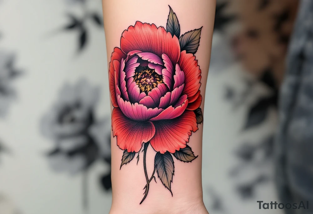 A large peony flower in shades of red and purple with bold black outlines. tattoo idea