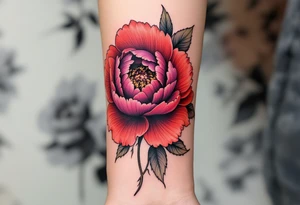 A large peony flower in shades of red and purple with bold black outlines. tattoo idea