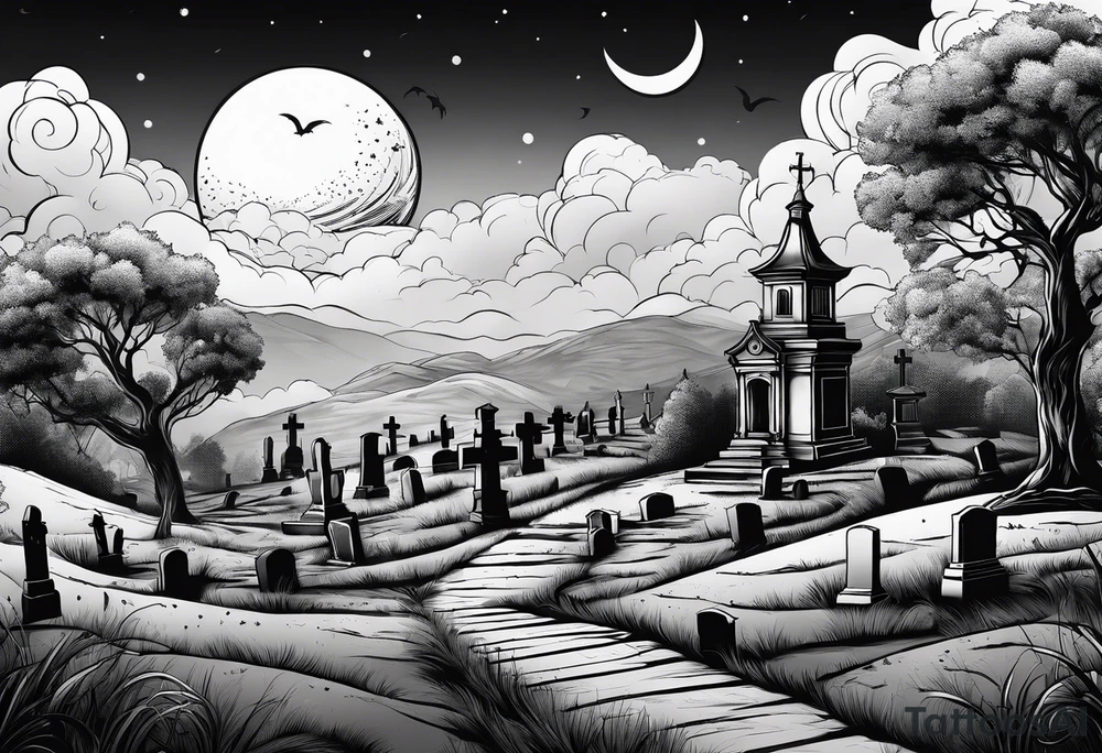 Cemetery on hills with smoke and moon tattoo idea