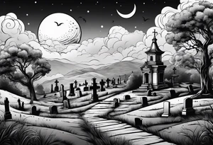 Cemetery on hills with smoke and moon tattoo idea
