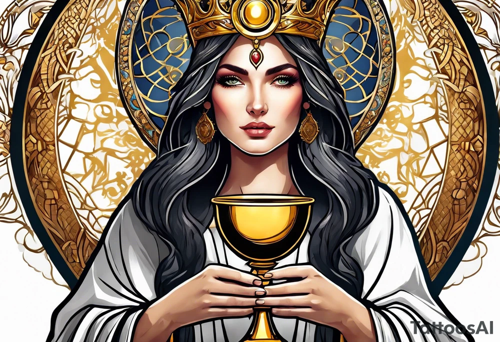 woman saint holding chalice surrounded by golden halo tattoo idea