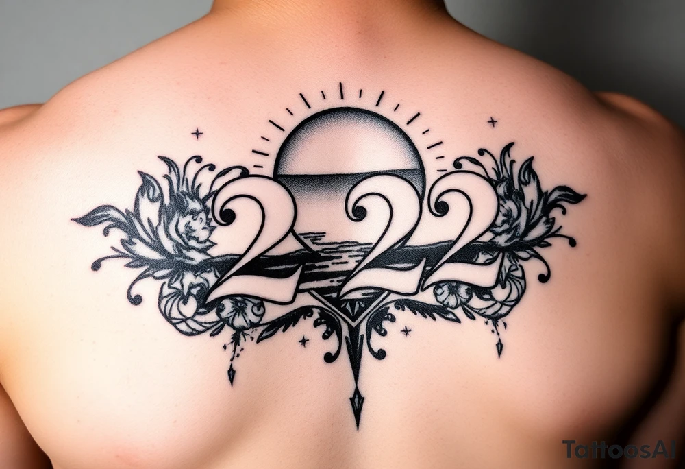 Bold 222 surrounded with sunset and love and stardust and vibration tattoo idea