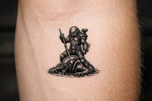 predator killing an alien, alien is crawling from the ground, predator stands tall driving his spear through the xeno's head with his right arm. predator is proud, add his laser gun on his left  shoulder pointing at the alien, and his left forearm has the 2 fangs that comes out of it as standard on predator pictures tattoo idea