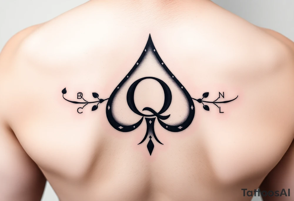 A spade womb tattoo with a Q in the center, with three points around the outside. The first reading, "BLACK". The second reading, "SEED". The third reading, "ONLY". tattoo idea