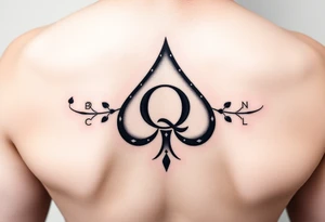 A spade womb tattoo with a Q in the center, with three points around the outside. The first reading, "BLACK". The second reading, "SEED". The third reading, "ONLY". tattoo idea
