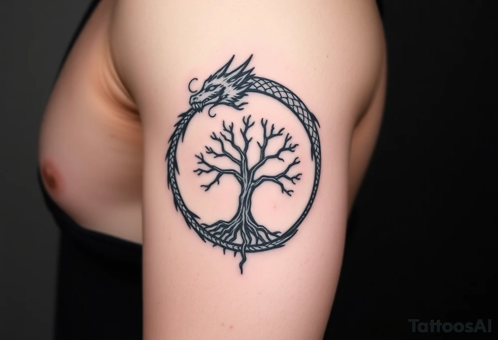 a dragon forming a circle with its body.  the dragon encircles the tree of life.  the dragon is eating the tree tattoo idea