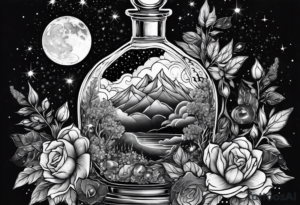 A potion bottle with crystals inside the bottle and the night sky tattoo idea