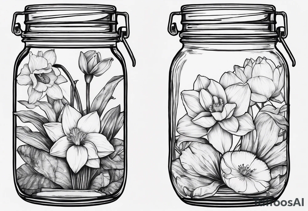 A daffodil a water lily and a morning glory in a mason jar tattoo idea