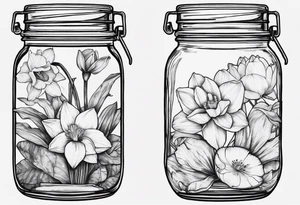A daffodil a water lily and a morning glory in a mason jar tattoo idea