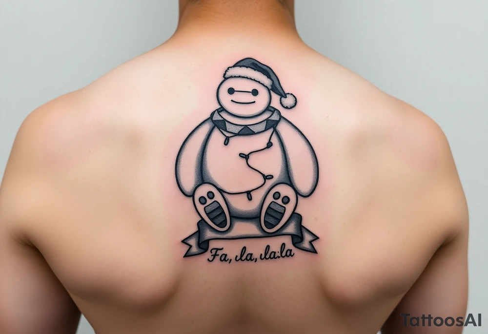 Disney Christmas themed sitting Baymax  wrapped up in Christmas lights and Santa hat with banner at bottom with "Fa-la-la-la-la" in writing on arm tattoo idea