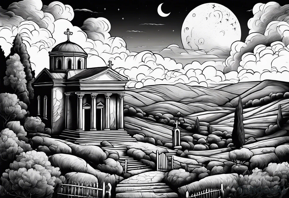 Graveyard with moon and greek church on hills with clouds tattoo idea