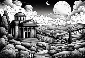 Graveyard with moon and greek church on hills with clouds tattoo idea