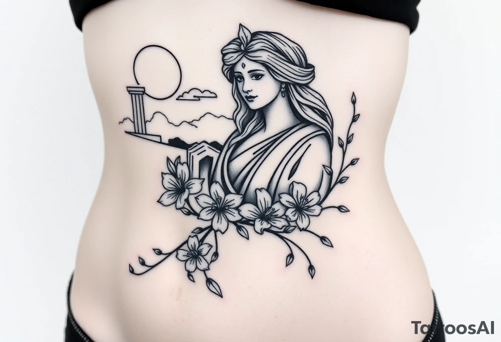 large tattoo that includes greek themed scenery and a greek goddess and also features lily flowers and dainty vines tattoo idea