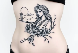 large tattoo that includes greek themed scenery and a greek goddess and also features lily flowers and dainty vines tattoo idea