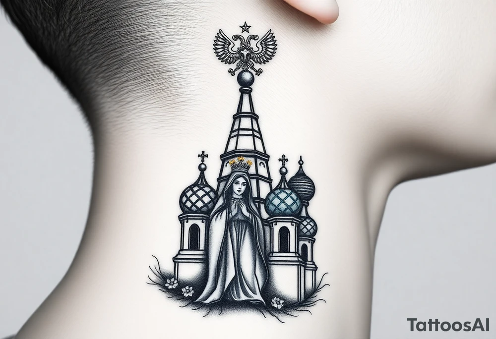Flowing Scene

A onion domes orthodox church
Virgin Mary in prayer pose wrapping around the lower neck curve
A small double headed russian coat of arms eagle or just the star tucked above the dome near the hairline tattoo idea
