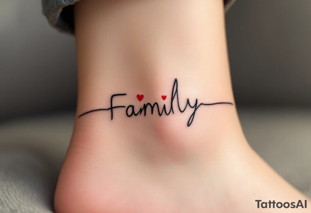 A heartbeat line forming the word family in black, with a small red heart at the center. tattoo idea