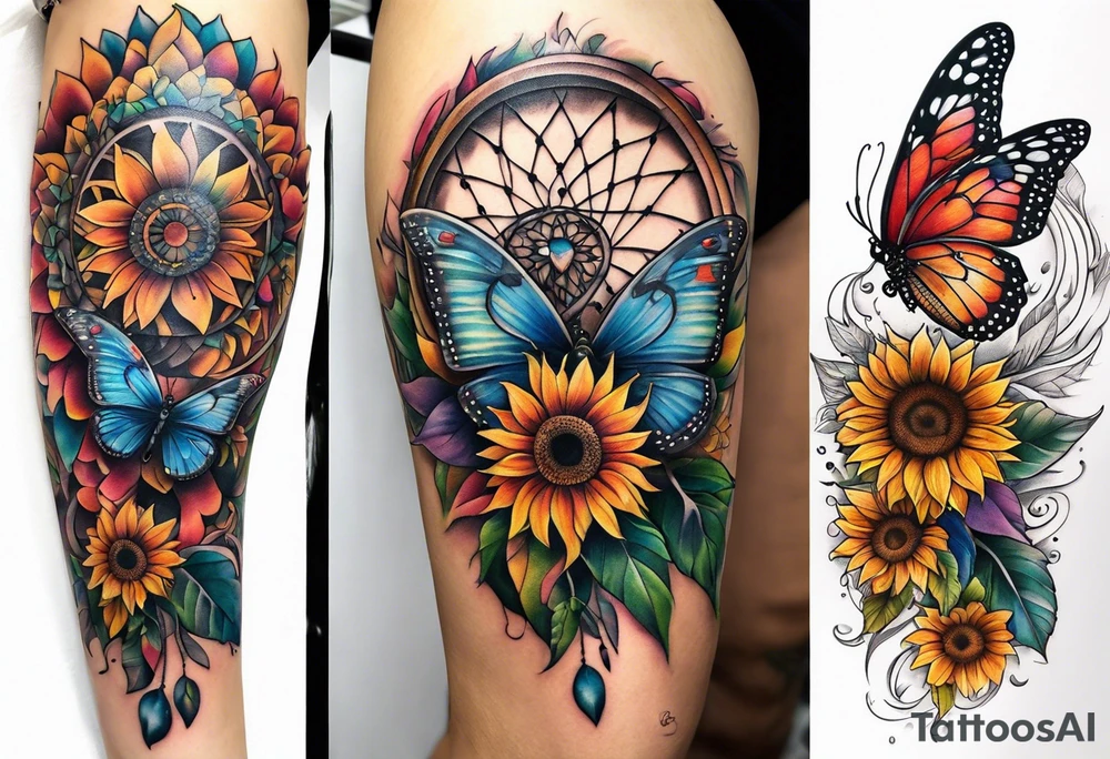 Quarter Leg sleeve with dreamcatcher, rainbow sunflowers and one butterfly tattoo idea