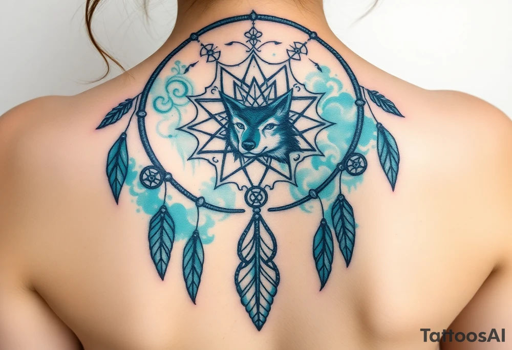 Dreamcatcher with zodiac symbols and protection runes caught in it with wolf teal tattoo idea