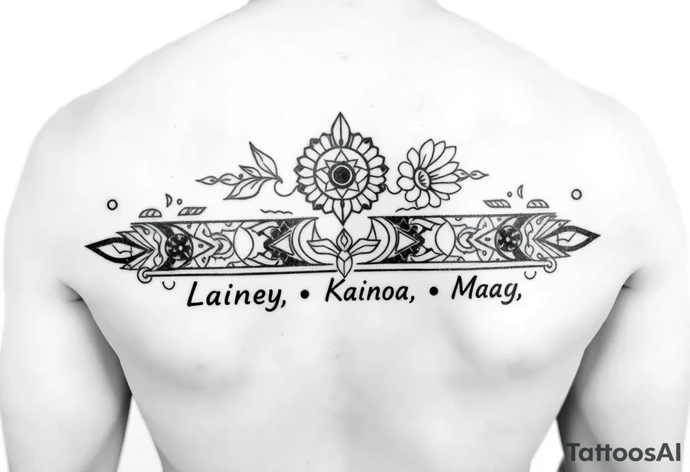 lower armband design with igbo, polynesian, tutelo native American, and Scandinavian elements that represent water, strength and love and the names Lainey, Kainoa and Maya tattoo idea