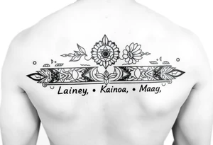 lower armband design with igbo, polynesian, tutelo native American, and Scandinavian elements that represent water, strength and love and the names Lainey, Kainoa and Maya tattoo idea