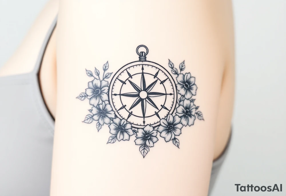 Compass surrounded with flowers cursive letters tattoo idea