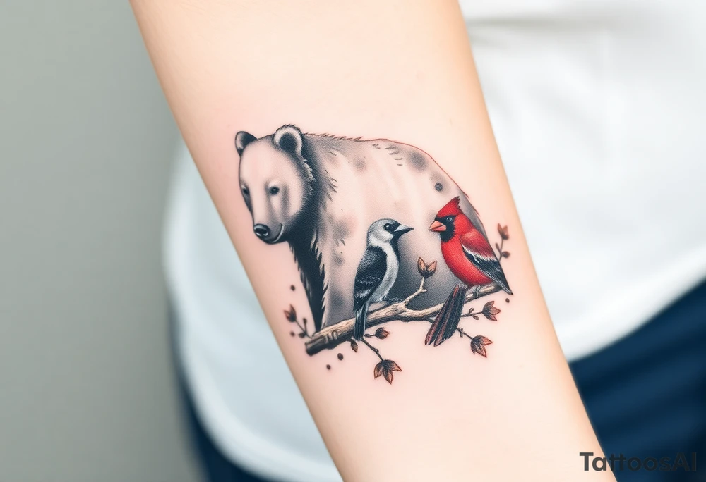 A bear, woodpecker and cardinal tattoo idea